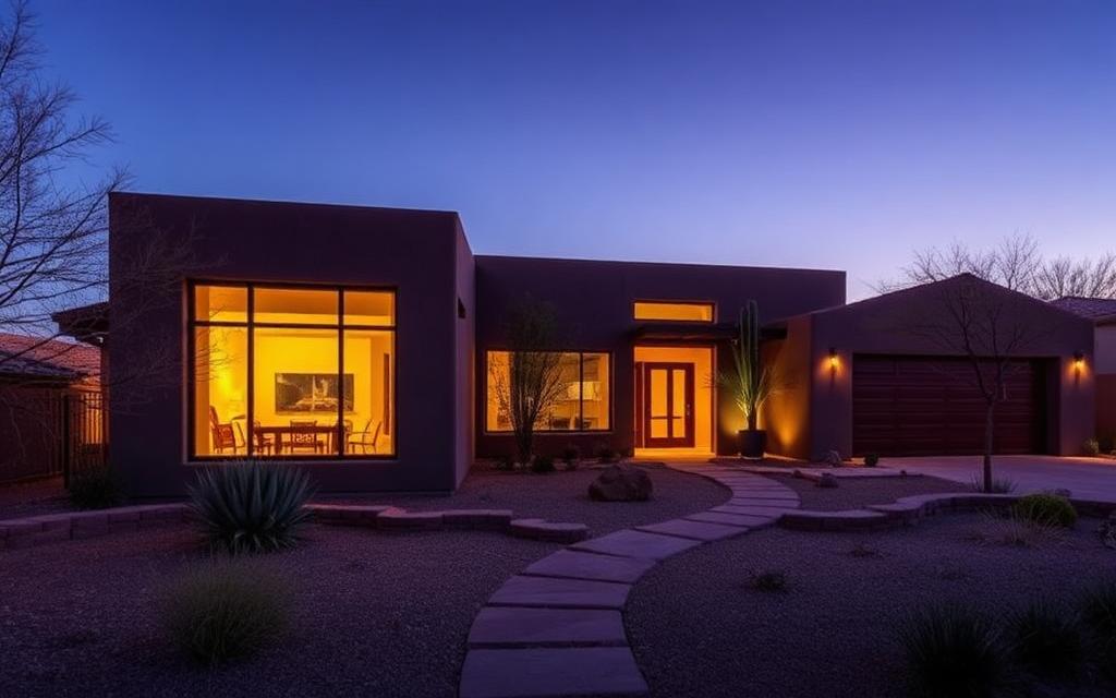 Desert modern home exterior at dusk