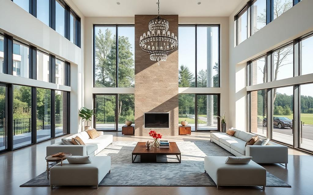 Open-plan living room with floor-to-ceiling windows