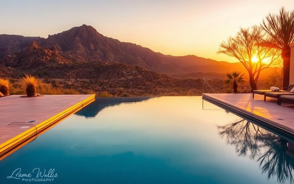 Infinity pool overlooking desert mountains at golden hour