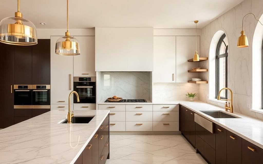 Chef's kitchen with marble island and brass fixtures