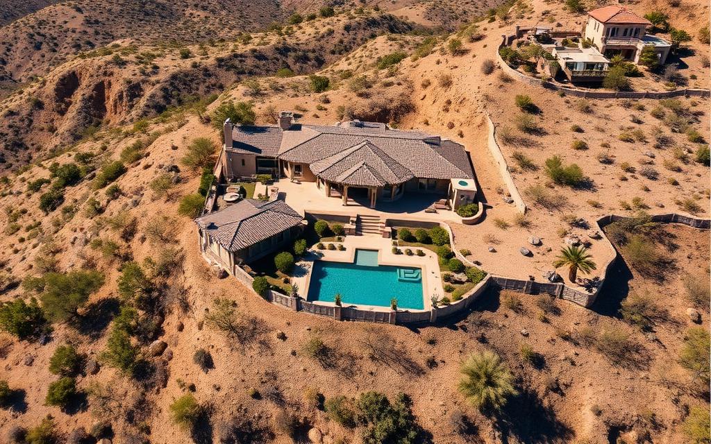 Aerial view of a hillside estate with pool