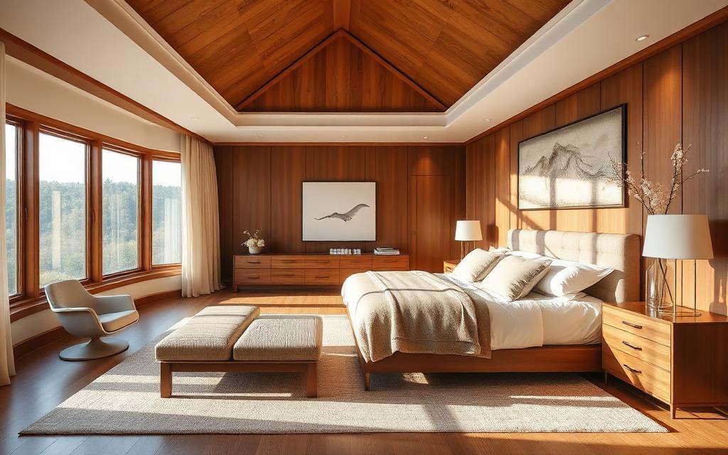 Primary bedroom suite with warm wood detailing